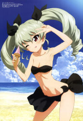 Rule 34 | 10s, 1girl, ;p, absurdres, anchovy (girls und panzer), anchovy (girls und panzer), arm up, armpits, beach, bikini, bow, breasts, cleavage, cloud, day, food, girls und panzer, hair bow, highres, ice cream, megami magazine, navel, non-web source, ocean, official art, one eye closed, outdoors, red eyes, silver hair, sky, small breasts, solo, swimsuit, tongue, tongue out, twintails, v, water, yoshida nobuyoshi