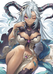 Rule 34 | 1girl, breasts, cleavage, closed mouth, dark-skinned female, dark skin, detached sleeves, dragon horns, draph, fang, fang out, fediel (granblue fantasy), granblue fantasy, green ribbon, grey hair, hair between eyes, highres, horn ornament, horn ribbon, horns, large breasts, lips, long hair, looking at viewer, navel, one eye closed, purple eyes, revealing clothes, ribbon, sitting, smile, solo, thighs, very long hair, yuiko (yuiyuiko 108)