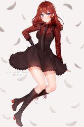 Rule 34 | 1girl, artist name, black dress, black footwear, black gloves, black necktie, blue eyes, blush, boots, breasts, commentary, commission, cross-laced footwear, deviantart logo, dress, feathers, frills, frown, gloves, hair between eyes, highres, instagram logo, lace-up boots, long hair, long sleeves, looking at viewer, medium breasts, necktie, original, puppypaww, red hair, red shirt, shirt, single glove, solo, twitter logo