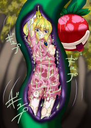 Rule 34 | 1girl, blonde hair, blue eyes, breast slip, breasts, covered erect nipples, digesting girl, digestion, dissolving clothes, female focus, forest, imminent death, inside creature, isutasshu@bangohan, mario (series), monster, nature, nintendo, nipples, no bra, one breast out, piranha plant, plant vore, princess peach, slime, super mario bros. 1, vore, x-ray