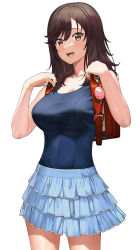 Rule 34 | 1girl, a1 (initial-g), backpack, bag, blue one-piece swimsuit, blush, breasts, brown eyes, brown hair, frilled skirt, frills, ichijou hotaru, long hair, looking at viewer, medium breasts, non non biyori, one-piece swimsuit, open mouth, randoseru, school swimsuit, simple background, skirt, solo, standing, swimsuit, swimsuit under clothes, white background