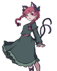 Rule 34 | 1girl, absurdres, animal ears, asymmetrical legwear, braid, cat ears, cat tail, dress, extra ears, frilled dress, frilled sleeves, frills, green dress, highres, juliet sleeves, kaenbyou rin, kame (kamepan44231), long hair, long sleeves, multiple tails, one-hour drawing challenge, puffy sleeves, red eyes, red hair, simple background, solo, tail, touhou, twin braids, two tails, white background