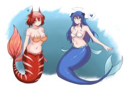 Rule 34 | 2girls, animal ears, arknights, bikini, bikini top only, blue eyes, blue hair, breasts, cleavage, closed mouth, collarbone, commentary, demon horns, english commentary, fangs (fangs art), fiammetta (arknights), fins, full body, gills, grin, halo, head fins, heart, horns, large breasts, long hair, looking at viewer, medium breasts, mermaid, monster girl, monsterification, mostima (arknights), multiple girls, navel, orange bikini, red eyes, red hair, short hair, smile, spoken heart, squiggle, swimsuit, white bikini
