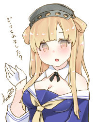 Rule 34 | 1girl, absurdres, blonde hair, blue shirt, breasts, cleavage, double bun, fletcher (kancolle), gloves, hair bun, hairband, highres, inica, kantai collection, large breasts, long hair, neckerchief, off shoulder, one-hour drawing challenge, sailor collar, school uniform, serafuku, shirt, twitter username, upper body, white background, white gloves, white sailor collar, yellow eyes, yellow neckerchief