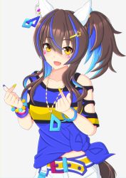 Rule 34 | 1girl, 2-butani, absurdres, animal ears, blue hair, blue shirt, clothing cutout, cropped legs, daitaku helios (umamusume), ear covers, earrings, fang, highres, horse ears, horse girl, horse tail, jewelry, long hair, looking at viewer, midriff peek, multicolored hair, navel, necklace, pointing, pointing at self, shirt, shorts, shoulder cutout, side ponytail, smile, solo, tail, tied shirt, umamusume, white shorts, yellow eyes