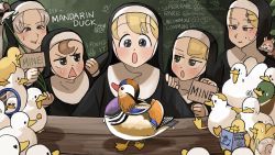 Rule 34 | 5girls, :o, animal, animal on head, animal on shoulder, ant, bird, black eyes, blonde hair, blue eyes, blush, brown eyes, brown hair, bug, cat, chalkboard, cheek press, chicken, clumsy nun (diva), commentary, corn, diva (hyxpk), duck, duckling, english commentary, english text, flower, food on body, froggy nun (diva), grey eyes, grey hair, habit, hair flower, hair ornament, hairclip, hand on another&#039;s arm, hand on another&#039;s shoulder, heart, heart-shaped eyes, highres, holding, holding sign, insect, kitten, little nuns (diva), mallard, mandarin duck, mirror, mole, mole under eye, mole under mouth, multiple girls, nun, on head, open mouth, ostrich, parted bangs, reading, reflection, restrained, rope, shadow, sign, smug nun (diva), snail, spicy nun (diva), strict nun (diva), sweatdrop, tag, traditional nun, triangle mouth, yellow eyes