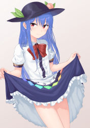 Rule 34 | 1girl, black hat, blue eyes, blue skirt, bow, bowtie, center frills, closed mouth, clothes lift, commentary request, cowboy shot, fingernails, food, frilled shirt, frilled skirt, frills, fruit, grey background, hat, highres, hinanawi tenshi, leaf, lifted by self, long hair, looking at viewer, momoiro lettuce, peach, red bow, red bowtie, red eyes, revision, shirt, short sleeves, simple background, skirt, skirt lift, smile, solo, straight hair, thighs, touhou, white shirt