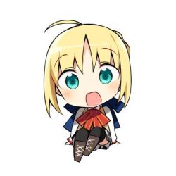 Rule 34 | 1girl, ahoge, artoria pendragon (all), artoria pendragon (fate), blonde hair, blush, bow, braid, chibi, commentary request, fate/stay night, fate (series), green eyes, hanabana tsubomi, homurahara academy school uniform, looking at viewer, lowres, open mouth, ribbon, saber (fate), school uniform, short hair, simple background, skirt, solo, thighhighs, vest, white background