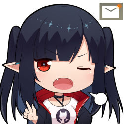 Rule 34 | 1girl, arknights, black choker, black hair, black jacket, blank speech bubble, blush, breasts, chibi, choker, closure (arknights), commentary request, fang, hair between eyes, jacket, lanyard, long hair, long sleeves, looking at viewer, lowres, moon ash, one eye closed, open clothes, open jacket, open mouth, pointing, pointy ears, red eyes, shirt, simple background, solo, speech bubble, white background, white shirt