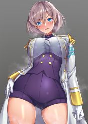 Rule 34 | 1girl, absurdres, blouse, blue eyes, blush, breasts, brown hair, corset, frown, gloves, grey background, gridman universe, hand on own hip, highres, huge filesize, jacket, large breasts, looking at viewer, military jacket, mr2d, mujina, necktie, purple corset, purple shorts, shiny skin, shirt, short hair, short necktie, shorts, simple background, skindentation, solo, ssss.dynazenon, ssss.gridman, standing, steaming body, sweat, thighs, white gloves, white jacket, white shirt