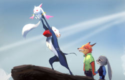 Rule 34 | 1girl, 3boys, artist name, bad end, crossover, disney, fox, furry, furry female, furry male, holding hands, if they mated, judy hopps, kyubey, mahou shoujo madoka magica, mahou shoujo madoka magica (anime), mandrill (animal), monkey, multiple boys, multiple crossover, nick wilde, parody, rabbit, rafiki, smile, the lion king, wlop, zootopia