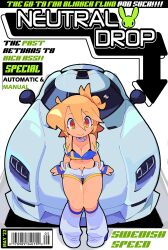 Rule 34 | 1girl, absurdres, bacun, barcode, bikini, bikini under shorts, blonde hair, blue gloves, boots, breasts, car, cleavage, commentary, cover, english commentary, english text, fake magazine cover, fingerless gloves, flag print, from above, gloves, hair between eyes, highres, koenigsegg (automobile), large breasts, looking at viewer, magazine cover, mole, mole under eye, motor vehicle, original, shorts, sitting, sitting on car, smile, solo, swedish flag, swedish flag print, swimsuit, tan
