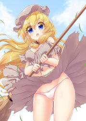 Rule 34 | 1girl, blonde hair, blue eyes, blush, broom, cosette, dress, hat, highres, holding, holding broom, les miserables shoujo cosette, long hair, looking at viewer, navel, panties, pantyshot, solo, torn clothes, underwear, wind, wind lift, yakisoba (kaz2113)