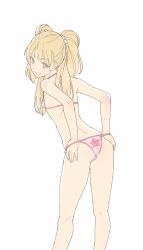 Rule 34 | 1girl, ass, ass grab, back, bare arms, bare shoulders, blonde hair, bra, breasts, commentary request, feet out of frame, female focus, highres, idolmaster, idolmaster cinderella girls, jougasaki rika, looking at viewer, looking back, panties, parted lips, pink bra, pink panties, simple background, small breasts, smile, solo, standing, timbougami, twintails, two side up, underwear, white background