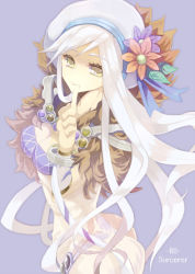 Rule 34 | 1girl, blue background, breasts, brown eyes, character name, cleavage, closed mouth, commentary request, copyright name, cowboy shot, detached sleeves, dress, flower, fur collar, hat, hat flower, leaf, long hair, looking at viewer, looking to the side, lowres, medium breasts, orange flower, purple flower, q qree, ragnarok online, simple background, smile, solo, sorcerer (ragnarok online), white dress, white hair, white hat, white sleeves