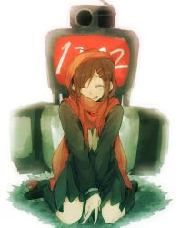 Rule 34 | 1girl, between legs, brown hair, closed eyes, enpera, hair ornament, hairclip, hand between legs, happy, kagerou project, kneehighs, loafers, projector, scarf, school uniform, shoes, sidu (dsd kgn), simple background, sitting, skirt, smile, socks, solo, tateyama ayano, television, wariza