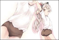 Rule 34 | 1girl, alternate costume, amatsukaze (kancolle), ass, brown buruma, brown eyes, buruma, commentary request, gym uniform, hair tubes, ham (points), kantai collection, long hair, looking at viewer, multiple views, shirt, silver hair, simple background, stretching, t-shirt, two side up, white background