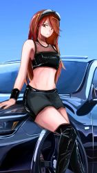 Rule 34 | 1girl, 3books, black footwear, black skirt, black tank top, boots, bracer, breasts, brown eyes, brown hair, car, closed mouth, commentary, goggles, goggles on head, head tilt, highres, infiniti, infiniti (company), infiniti v36, leaning, leaning back, leaning on object, long bangs, long hair, looking at viewer, looking down, medium breasts, midriff, miniskirt, motor vehicle, navel, original, red eyes, red hair, skirt, tank top, thigh boots, thighhighs