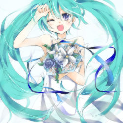 Rule 34 | 1girl, aqua hair, blue eyes, bouquet, choker, cosmos (minori), dress, female focus, flower, gradient background, hatsune miku, highres, long hair, one eye closed, simple background, smile, solo, twintails, very long hair, vocaloid, white background, wink