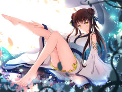 Rule 34 | 1girl, ahoge, arm support, bare legs, bare shoulders, barefoot, blush, brown hair, clothing cutout, collarbone, convenient censoring, double bun, feet, full body, hair bun, hair ribbon, hand on leg, head tilt, leg up, legs, long hair, long sleeves, looking at viewer, reclining, ribbon, sash, shiny skin, shoulder cutout, smile, solo, sparkle, toenails, toes, twintails, wide sleeves, xiao ren, yellow eyes