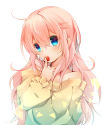 Rule 34 | 1girl, ahoge, bad id, bad pixiv id, bare shoulders, blue eyes, blush, finger to mouth, food, food in mouth, fruit, kazato fuuchi, long hair, original, pink hair, simple background, solo, strawberry, white background