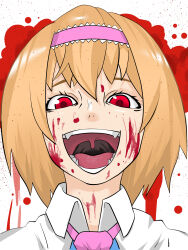Rule 34 | 1girl, absurdres, alice margatroid, american psycho, asha, blood, blood on face, blood splatter, capelet, collared capelet, commentary request, cookie (touhou), frilled hairband, frills, hair between eyes, hairband, highres, hinase (cookie), laughing, looking at viewer, medium bangs, necktie, open mouth, parody, pink hairband, pink necktie, portrait, red eyes, short hair, smile, solo, touhou, uvula, white background, white capelet