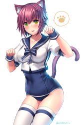 Rule 34 | 1girl, animal ears, aruma jiki, blush, cat ears, cat tail, collarbone, crop top, green eyes, light purple hair, looking at viewer, old school swimsuit, one-piece swimsuit, open mouth, paw pose, phantasy star, phantasy star online 2, sailor collar, school swimsuit, short hair, solo, swimsuit, swimsuit under clothes, tail, thighhighs, white background, wrist cuffs