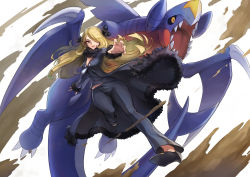 Rule 34 | action, black pants, blonde hair, breasts, creatures (company), cynthia (pokemon), floating hair, full body, fur-trimmed jacket, fur-trimmed sleeves, fur collar, fur trim, game freak, garchomp, gen 4 pokemon, grey eyes, hair ornament, hair over one eye, high heels, highres, jacket, long hair, looking at viewer, nintendo, open mouth, outstretched arm, pants, pokemon, pokemon (creature), pokemon dppt, takeclaire
