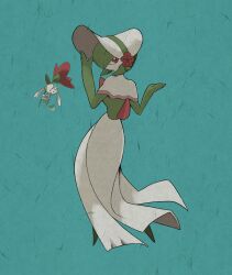 Rule 34 | 1girl, black eyes, blue background, bob cut, bonnet, breasts, capelet, clothed pokemon, colored skin, creatures (company), female focus, floating, floette, floette (red flower), flower, from behind, full body, game freak, gardevoir, gardevoir (fashionable), gen 3 pokemon, gen 6 pokemon, green hair, green skin, hair over one eye, hands up, happy, hat, hat flower, highres, holding, holding flower, looking at viewer, looking back, minami (fsubqki gh0st), multicolored skin, nintendo, one eye covered, open mouth, pink trim, pokemon, pokemon (creature), pokemon unite, red eyes, red flower, short hair, simple background, small breasts, smile, solo focus, standing, two-tone skin, white capelet, white headwear, white skin