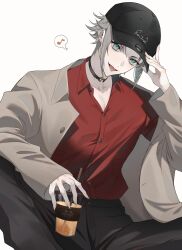 Rule 34 | 1boy, adjusting clothes, adjusting headwear, aki (aki 113), alternate costume, baseball cap, black choker, black hat, black pants, brown hair, brown jacket, buttons, choker, collarbone, collared jacket, collared shirt, commentary, cup, disposable cup, drinking straw, green eyes, hand up, hat, highres, holding, holding cup, jacket, long sleeves, looking at viewer, male focus, multicolored eyes, musical note, mysta rias, mystake (mysta rias), nijisanji, nijisanji en, open clothes, open jacket, open mouth, orange eyes, pants, red shirt, shirt, shirt tucked in, short hair, sidelocks, simple background, sitting, sleeves past wrists, smile, solo, speech bubble, spoken musical note, tongue, tongue out, virtual youtuber, white background, wing collar