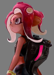 Rule 34 | 1girl, agent 8 (splatoon), backpack, bag, black shirt, black skirt, crop top, grey background, grey eyes, highres, midriff, nintendo, octoling, octoling girl, octoling player character, pink hair, pointy ears, shirt, short hair, simple background, skirt, sleeveless, sleeveless shirt, solo, splatoon (series), splatoon 2, splatoon 2: octo expansion, squidbeak splatoon, takozonesu, tentacle hair, wristband