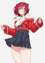 1girl ange_katrina bare_shoulders black_skirt blue_eyes high-waist_skirt highres jacket jewelry looking_at_viewer necklace nijisanji off_shoulder open_clothes open_jacket pleated_skirt red_hair red_jacket shirt short_hair simple_background skirt sleeveless sleeveless_shirt sleeves_past_wrists smile solo standing tanabe_(fueisei) teeth virtual_youtuber white_background white_shirt