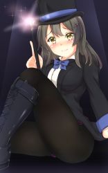 Rule 34 | 1girl, alternate costume, black coat, black hair, black hat, black leotard, black pantyhose, blue bow, blue bowtie, boots, bow, bowtie, coat, commentary request, cross-laced footwear, dress shirt, grey eyes, hat, kantai collection, kumichou (nakasato-gumi), lace-up boots, leotard, long hair, looking at viewer, magician, oyashio (kancolle), pantyhose, shirt, sitting, solo, tailcoat, top hat, wand, yellow eyes