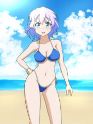 Rule 34 | 1girl, :d, bangle, beach, bikini, blue bikini, blue eyes, blush, bracelet, breasts, cato (monocatienus), cleavage, cloud, cloudy sky, collarbone, commentary request, contrapposto, day, feet out of frame, groin, hair between eyes, hand on own hip, highleg, highleg bikini, horizon, jewelry, large breasts, letty whiterock, looking at viewer, navel, open mouth, purple hair, short hair, side-tie bottom, sky, smile, solo, standing, swimsuit, touhou