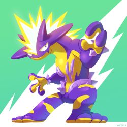 Rule 34 | black eyes, closed mouth, commentary, creatures (company), english commentary, full body, game freak, gen 8 pokemon, green background, legs apart, looking at viewer, nintendo, no humans, pokemon, pokemon (creature), signature, solo, spikes, standing, toxtricity, toxtricity (amped), tumblr username, versiris