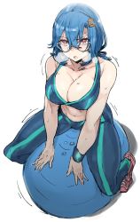 Rule 34 | 1girl, ball, blue hair, blush, breasts, breath, burger hair ornament, cleavage, exercise ball, food-themed hair ornament, glasses, hair between eyes, hair ornament, hair ribbon, hamburger-chan (hundredburger), large breasts, original, pants, red eyes, ribbon, shoes, shoohee, short hair, simple background, sitting, sketch, sneakers, solo, sports bra, sportswear, sweat, sweatband, white background