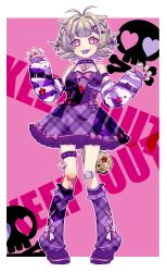 Rule 34 | 1girl, absurdres, antenna hair, arm warmers, bandaged knees, border, bow, braid, brown hair, caution tape, character request, choker, collarbone, dot nose, dress, dress bow, full body, gauze, hair ornament, hairclip, heart, highres, indie virtual youtuber, keep out, leg warmers, lipstick, makeup, multicolored nails, nail polish, pill hair ornament, pink eyes, plaid, plaid dress, plaid leg warmers, purple bow, purple dress, purple footwear, purple lips, rrabiesex, short hair, skull and crossbones, solo, spiked choker, spikes, thigh strap, twin braids, virtual youtuber, white border