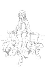 Rule 34 | 1girl, absurdly long hair, absurdres, arm at side, arm support, bare arms, bare shoulders, barefoot, breasts, closed mouth, collared shirt, commentary request, expressionless, full body, greyscale, hair over one eye, highres, kantai collection, leg up, long hair, mikeco, monochrome, neckerchief, no gloves, ripples, sailor collar, samidare (kancolle), shirt, simple background, sitting, skirt, sleeveless, sleeveless shirt, soaking feet, solo, very long hair, water, wet, white background