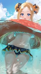 Rule 34 | 1girl, abigail williams (fate), air bubble, bad id, bad twitter id, bikini, blonde hair, blue eyes, blue sky, bow, bubble, cameltoe, chigusa minori, cloud, double bun, fate/grand order, fate (series), feet out of frame, frilled swimsuit, frills, hair bow, hair bun, highres, innertube, long hair, looking at viewer, multiple hair bows, navel, official alternate costume, open mouth, orange bow, outdoors, parted bangs, partially submerged, partially underwater shot, polka dot, polka dot bow, sky, smile, solo, swim ring, swimming, swimsuit, swimsuit skirt, thigh gap, underwater, water