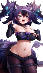 Rule 34 | 1girl, absurdres, animal ear fluff, animal ears, aqua eyes, bare shoulders, big hair, black hair, black shorts, black tube top, bone necklace, bow, breasts, cerberus (kemono friends), claw pose, cleavage, collar, collarbone, commentary request, cutoffs, dog ears, elbow gloves, extra ears, fangs, fingerless gloves, fingernails, gloves, glowing, glowing hair, groin, hair between eyes, hands up, highres, kemono friends, large breasts, pantyhose under shorts, looking at viewer, lowleg, lowleg shorts, midriff, multicolored hair, navel, open mouth, pantyhose, purple hair, scar, scar across eye, scar on face, short shorts, shorts, sidelocks, simple background, skindentation, solo, spiked collar, spikes, stomach, strapless, tail, tayuura (kuwo), thigh strap, tube top, two-tone hair, two side up, v-shaped eyebrows, white background