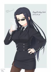 Rule 34 | 10s, 1girl, 2016, black hair, breasts, character name, coffee mug, cowboy shot, cup, dated, eyes visible through hair, formal, gecotan, glasses, hand on own hip, happy birthday, long hair, medium breasts, monster musume no iru nichijou, ms. smith, mug, necktie, pantyhose, pencil skirt, side slit, signature, skirt, skirt suit, smile, solo, steam, suit, sunglasses, yellow eyes
