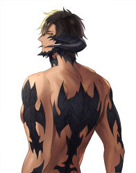 Rule 34 | 1boy, au ra, back, back focus, bara, beard, black sclera, brown hair, colored sclera, completely nude, dark-skinned male, dark skin, demon boy, demon horns, demon tail, dragon boy, dragon horns, dragon tail, facial hair, final fantasy, final fantasy xiv, from behind, highres, horns, looking to the side, male focus, muscular, muscular male, nape, nude, pectorals, red eyes, scales, seum (kao husband), short hair, solo, tail, upper body, warrior of light (ff14)