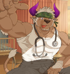 Rule 34 | 1boy, abs, animal ears, arm up, armpit peek, bara, bare pectorals, bare shoulders, black pants, brown fur, bulge, camouflage, camouflage headwear, chest hair, covered abs, cow ears, cow horns, doctor, foreshortening, furry, furry male, gapao (gapao0520), highres, horns, large pectorals, looking at viewer, pectoral cleavage, male focus, minotaur, muscular, muscular male, nipples, pants, pectorals, purple eyes, purple horns, raised eyebrow, shennong (housamo), short hair, sidepec, solo, stethoscope, stomach, tail raised, tank top, thick thighs, thighs, tokyo houkago summoners, white hair, white tank top