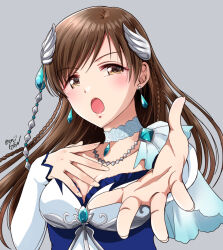 Rule 34 | 1girl, blue dress, blush, braid, breasts, brown eyes, brown hair, choker, cleavage, collarbone, dot nose, dress, earrings, gen (enji), grey background, hand on own chest, hands up, idolmaster, idolmaster cinderella girls, idolmaster cinderella girls starlight stage, jewelry, lace, lace choker, long hair, long sleeves, looking at viewer, medium breasts, necklace, nitta minami, open hand, open mouth, reaching, reaching towards viewer, simple background, solo, twin braids, twitter username, upper body, wing hair ornament