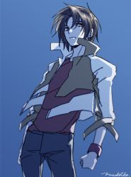 Rule 34 | 10s, 1boy, artist name, black hair, blue background, brown eyes, clenched hand, denim, high collar, jacket, jeans, machi fuka, makabe kazuki, male focus, pants, short hair, signature, simple background, solo, soukyuu no fafner, standing, wristband