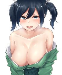 Rule 34 | 1girl, absurdres, bare shoulders, blue eyes, blue hair, blush, breasts, cleavage, collarbone, green kimono, green sash, hair between eyes, hair tie, highres, japanese clothes, kantai collection, kimono, kiritto, large breasts, looking at viewer, medium hair, no bra, off shoulder, open clothes, open kimono, open mouth, sash, simple background, solo, souryuu (kancolle), sweat, twintails, upper body, wavy mouth, white background