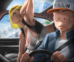 Rule 34 | 1boy, 1girl, absurdres, android 18, arm up, armpits, baseball cap, belt, black vest, blonde hair, blue jacket, breasts, car interior, city, cleavage, closed mouth, couple, dragon ball, dragonball z, driving, earrings, elite nappa, hanging breasts, hat, highres, jacket, jewelry, kuririn, large breasts, looking up, nervous, no nose, shiny skin, shirt, sweat, nervous sweating, tank top, urban, vest, wavy mouth, white shirt, white tank top