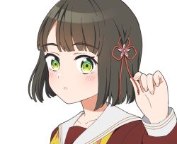 Rule 34 | 1girl, black hair, blunt bangs, blush, bob cut, brown dress, collarbone, commentary request, dress, flower knot, green eyes, hair ornament, hasu no sora school uniform, highres, jenny (je2live), link! like! love live!, long sleeves, looking at viewer, love live!, momose ginko, neckerchief, parted lips, portrait, sailor collar, school uniform, short hair, solo, upper body, virtual youtuber, white background, white sailor collar, winter uniform, yellow neckerchief