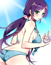 Rule 34 | 10s, 1girl, aqua eyes, ass, back, bare shoulders, bikini, blue bikini, blush, breasts, cowboy shot, day, from behind, large breasts, long hair, looking back, love live!, love live! school idol festival, love live! school idol project, low twintails, purple hair, sideboob, sky, smile, solo, standing, sun, swimsuit, tojo nozomi, twintails, very long hair, yuyupo