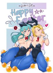 Rule 34 | 2girls, alternate costume, android 18, artist name, between legs, blonde hair, blue eyes, blue hair, blush, bow, bowtie, breasts, breasts squeezed together, bulma, cleavage, curvy, detached collar, dragon ball, dragon ball (object), dragonball z, earrings, easter, heart, highleg, highleg leotard, highres, jewelry, large breasts, legs, leotard, long hair, looking at viewer, multiple girls, naughty face, official alternate costume, pantyhose, playboy bunny, rabbit ears, rabbit tail, shiny skin, spoken heart, things, wide hips
